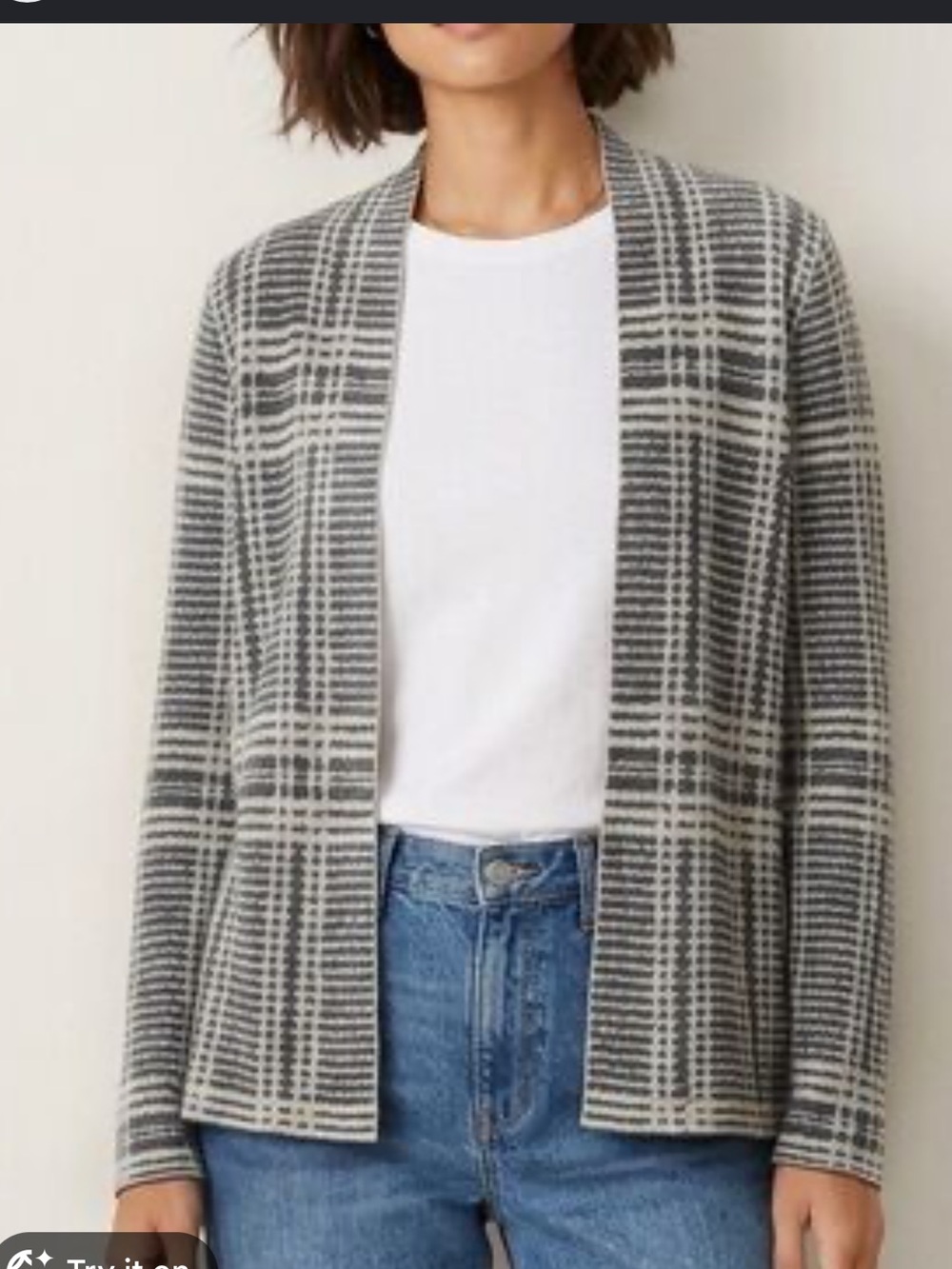 Eileen Fisher Gray and Cream Plaid Open Cardigan Jacket